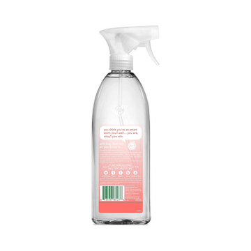 Back view of Method anti-bac all purpose cleaner spray bottle with pink label and clear liquid