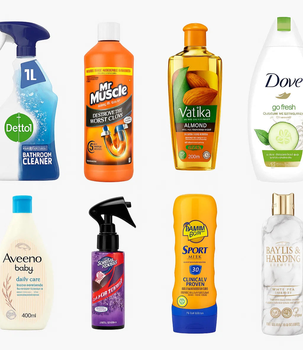 Collection of various product bottles on a white background